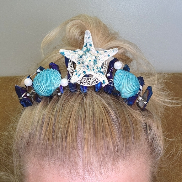 Siren Crown Blue Rainbow Crystal Quartz with Starfish, Shells, Pearls, & Moon - Picture 1 of 5